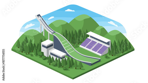 Isometric ski jumping arena with lush green hills and grandstand in a scenic landscape