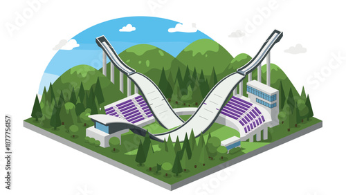Modern isometric ski jump arena in mountain landscape scene