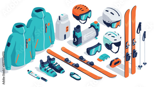 Winter sports gear isometric composition featuring ski equipment and accessories