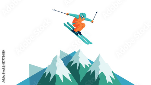 Dynamic winter sports: skier jumping high in mountain landscape