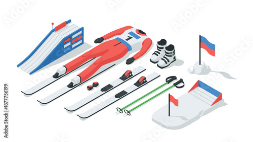 Winter sports essentials isometric design with ski equipment and slope elements