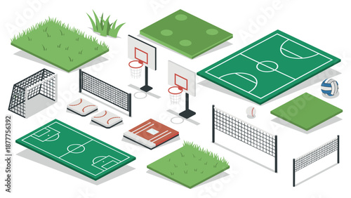 Isometric sports equipment and fields set for soccer, tennis, and basketball
