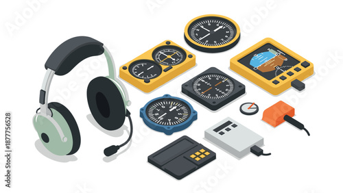 Vintage aviation instruments and headset in isometric style for cockpit design