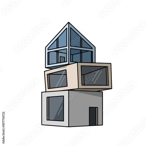 A cartoon-style illustration of a small house with stacked, cube-shaped sections and a triangular glass roof against a white background.