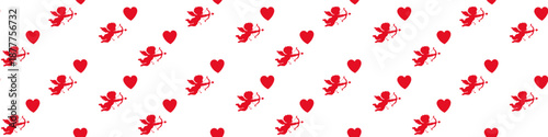 Seamless pattern with red cupid silhouettes and hearts on transparent background. Romantic valentine love decorative repeat design