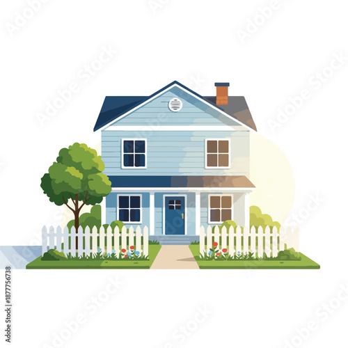 A small, two-story house with a white picket fence and a tree in front, set against a clean white background with a warm and inviting mood.