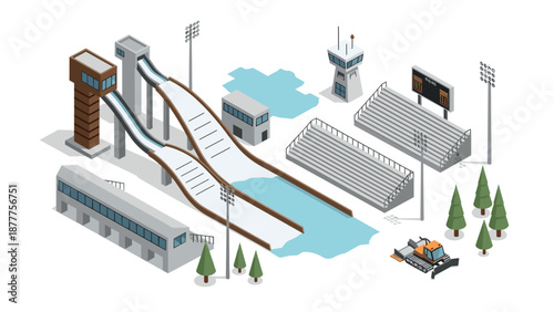 Winter sports complex with ski jumps and spectator stands in isometric style
