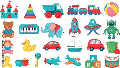 Kids toys vector set with colorful children playthings including cars, robot, rocket, train, animals and educational toys in flat cartoon illustration style isolated on white background