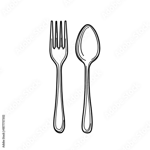 Fork and spoon on white background in simple line art design  