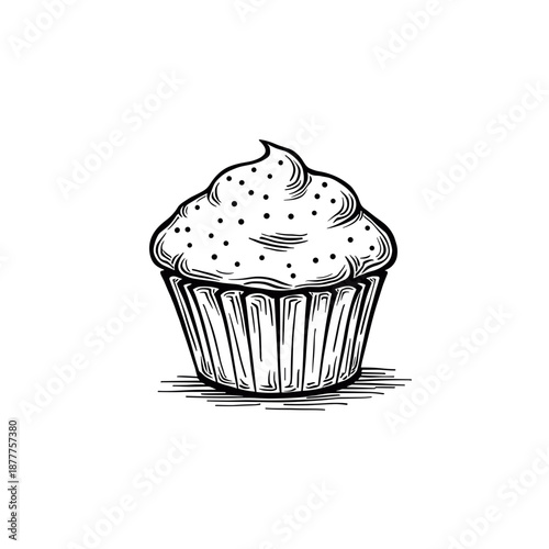 Hand-drawn cupcake with frosting and sprinkles in black and white  