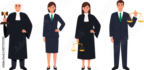 Law and justice professionals vector set with judge, lawyer and attorney characters holding gavel and scales in flat cartoon illustration style isolated on white background