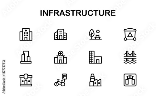Infrastructure Professional Line Icon Set. Modern minimal vector symbols covering utilities, transportation, industrial facilities and urban development
