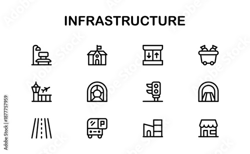 Infrastructure Professional Line Icon Collection. Modern clean vector graphics representing public facilities, transportation routes, civil engineering and utility networks
