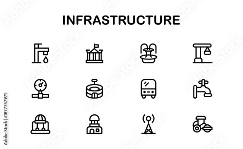 Infrastructure Professional Line Icon Pack. Modern clean vector icons illustrating public works, engineering networks, transportation routes and city growth
