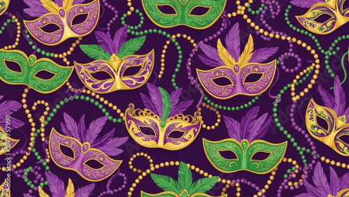 Vibrant mardi gras masks in purple green and gold on a dark background with beads and leaves festive carnival pattern