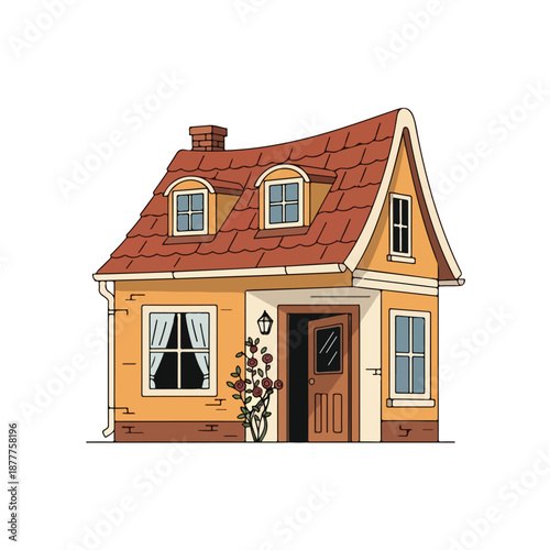 A small house with a red tiled roof and a brown door against a clean white background