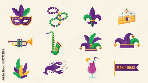 Mardi gras icons including masks beads music instruments and festive symbols on cream background