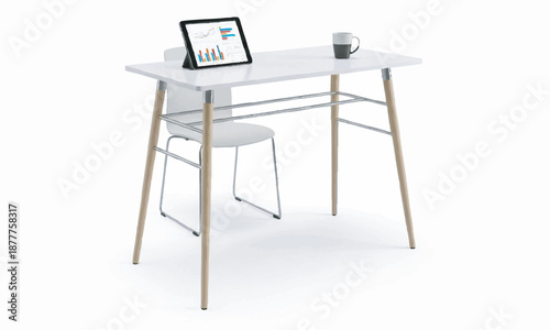 Modern white desk with tablet and coffee mug