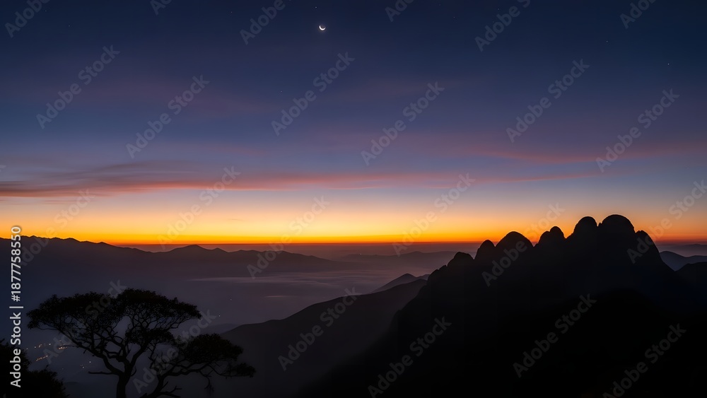 Obraz premium Twilight mountain landscape with crescent moon misty valley and vibrant gradient sky at sunrise without punctuation