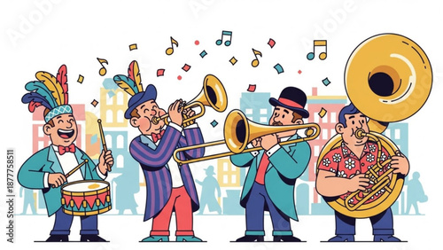Cartoon musicians playing brass instruments and drum in city music notes floating around colorful illustration