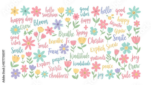 Floral Greetings: A vibrant and whimsical design of pastel flowers and positive words, perfect for spreading joy and encouragement.