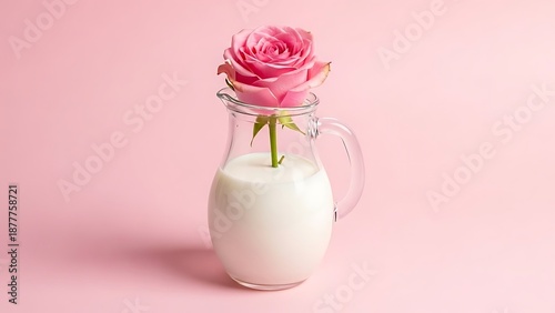 A pink rose elegantly displayed in a glass pitcher filled with white liquid against a soft pink backdrop