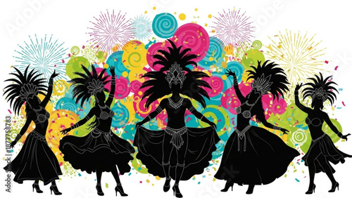 Silhouette of five dancing women in feathered headdresses against a vibrant colorful background with swirling patterns and fireworks expressing joy and celebration