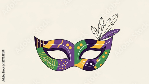 Vibrant mardi gras masquerade ball mask with feathers purple green and gold colors festive carnival decoration