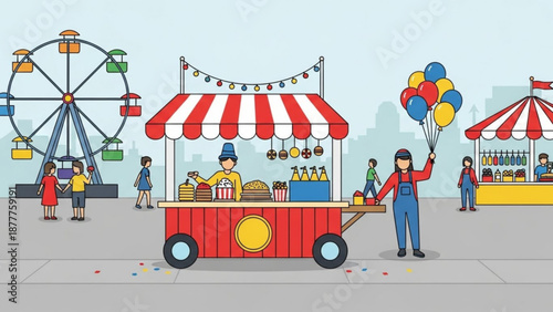 Colorful carnival food cart with balloons and ferris wheel in background at funfair