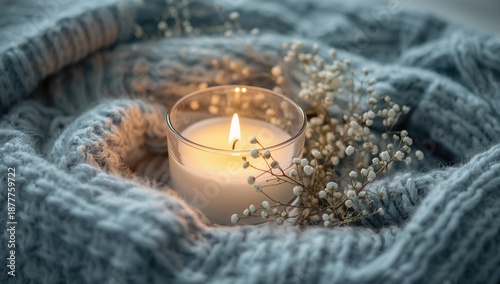 Burning candle with white flowers in a blue knitted sweater creates a cozy atmosphere
