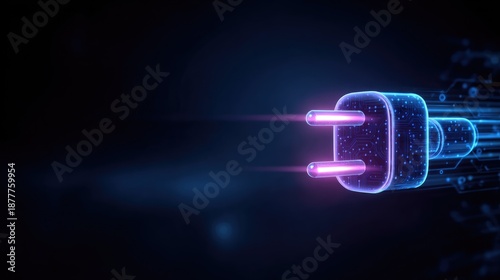 Futuristic glowing power plug symbol with motion lines on dark background, concept of electricity, charging and energy connection