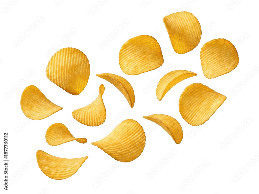 Fototapeta premium A scattering of golden wavy potato chips arranged in a dynamic composition on transparent background