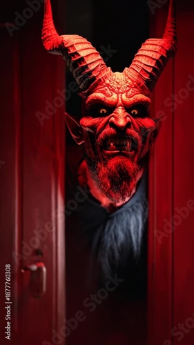 Menacing red horned demon peeking from a dark doorway with glowing yellow eyes and sharp teeth, a spooky ominous figure.