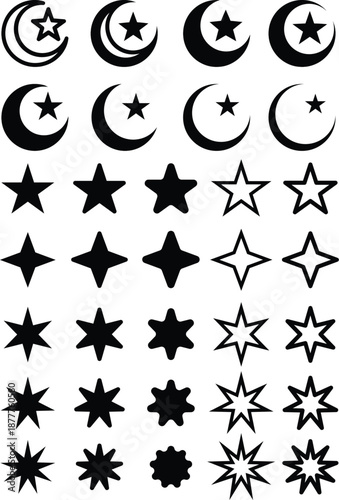 Islamic Crescent Moon and Star Solid Vector Icons Set, Single Colour Minimal Icons