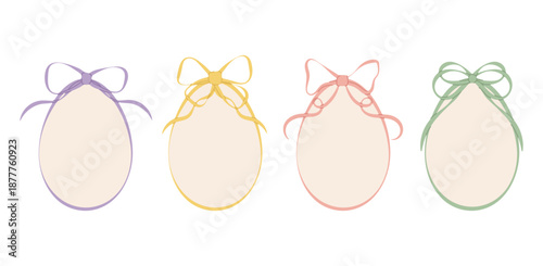 Easter eggs with colored bows. Festive decorative element isolated on white for Easter decorations, spring cards, invitations, kids designs and tags. Space for text.
