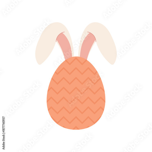 Orange Easter egg with bunny ears and zigzag pattern in flat style. Soft pastel illustration isolated on white background for Easter, spring decor and holiday designs.