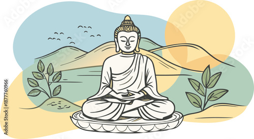 A serene illustration featuring buddha meditating in a peaceful natural landscape isolated on transparent background, Vector
