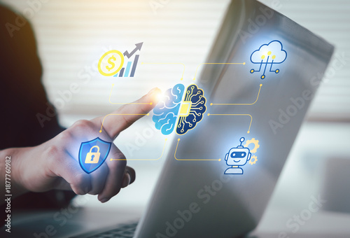 Obraz na płótnie Business person touching laptop screen with hybrid financial intelligence icons