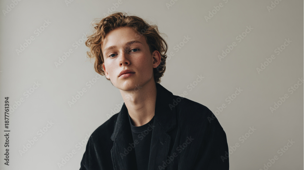 Fototapeta premium Stylish gender neutral fashion portrait featuring young individual with curly hair against clean background