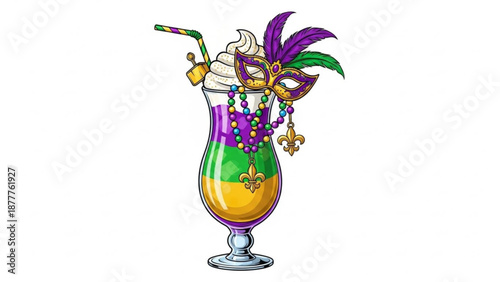 Mardi gras cocktail with colorful beads and mask on a white background