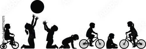 Children silhouettes illustrating playful growth stages from toddler crawling to biking kids outdoor childhood activities black vector set illustration collection