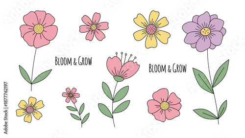 Floral Bloom & Grow: A delightful arrangement of hand-drawn flowers in soft, pastel hues, accompanied by the uplifting phrase Bloom & Grow, exudes a sense of tranquility and joy. 