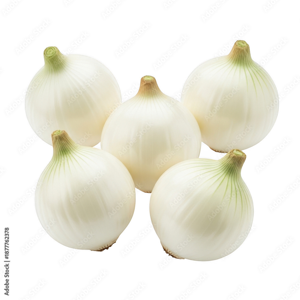 Fototapeta premium A cluster of five fresh white onions showcasing smooth surfaces and green stems on transparent background