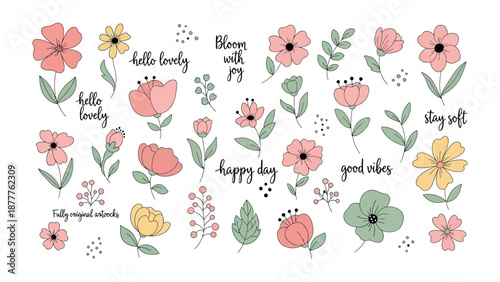 Blooming Garden Elements: A collection of charming floral illustrations, each conveying a sense of delicate beauty and botanical artistry. Adorned with handwritten affirmations.