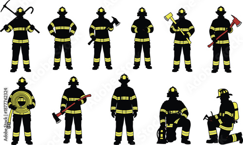 Firefighter silhouettes collection with safety gear helmets tools and rescue equipment showing emergency service heroes black vector illustration set