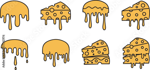 Set of cartoon cheese wedges and mouse silhouettes in yellow