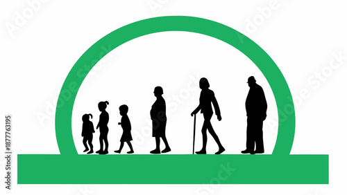 Life stages of people from childhood to old age in green silhouette