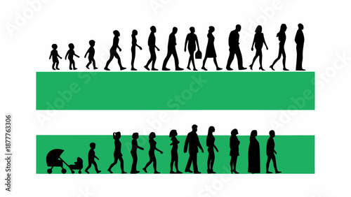 Diverse people walking in two green lanes on white background