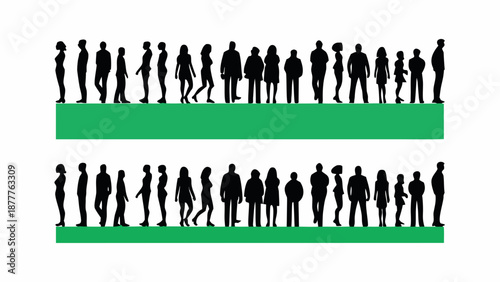 Diverse crowd of people standing in line on green platforms