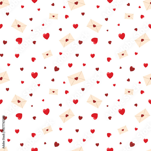 Seamless vector pattern with cute love letters and red hearts. Romantic background with envelopes for Valentine's Day, wedding, and fabric design. Isolated on transparent background.